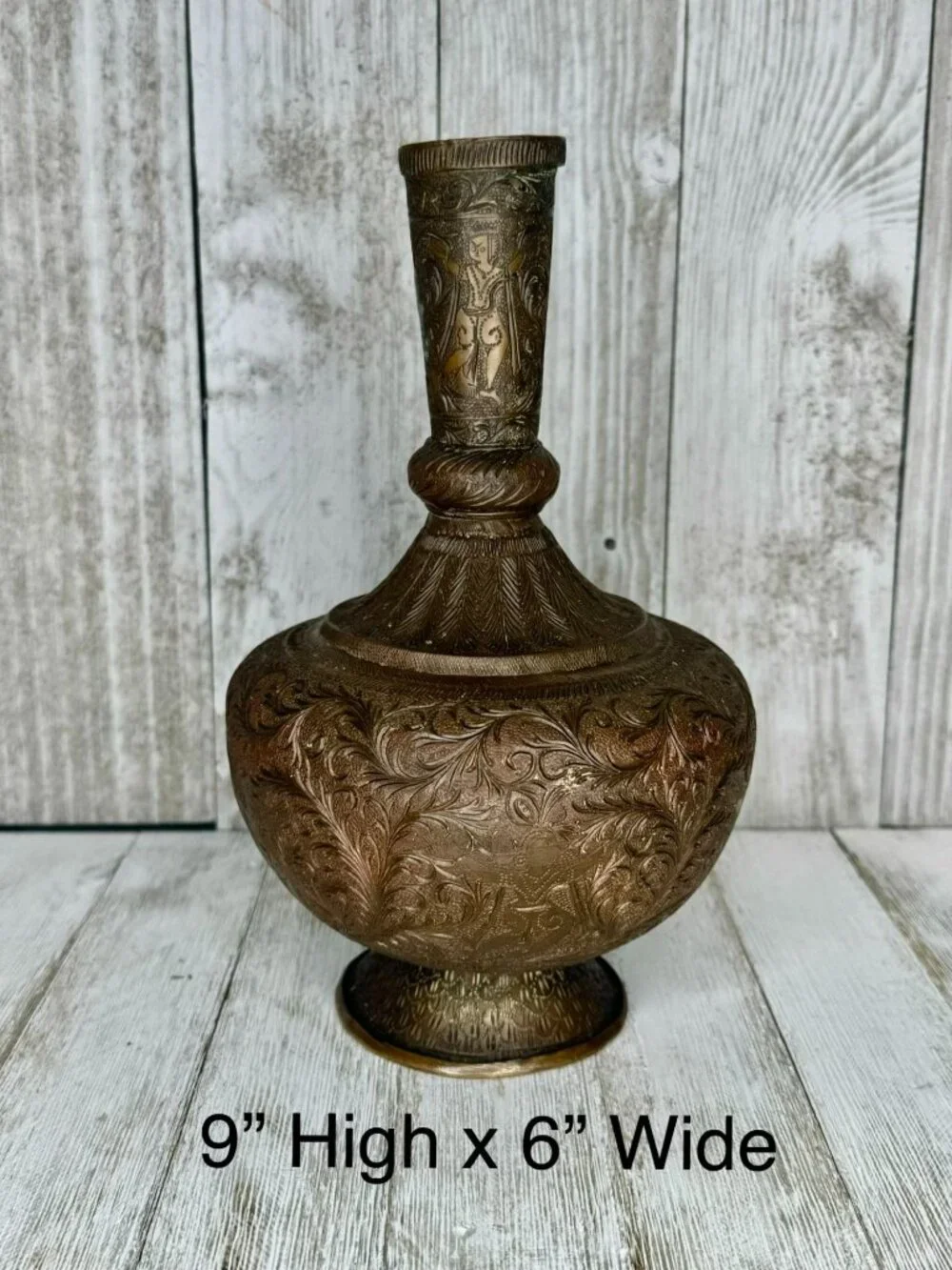 Antique Indian Engraved Etched Brass Surahi Vase